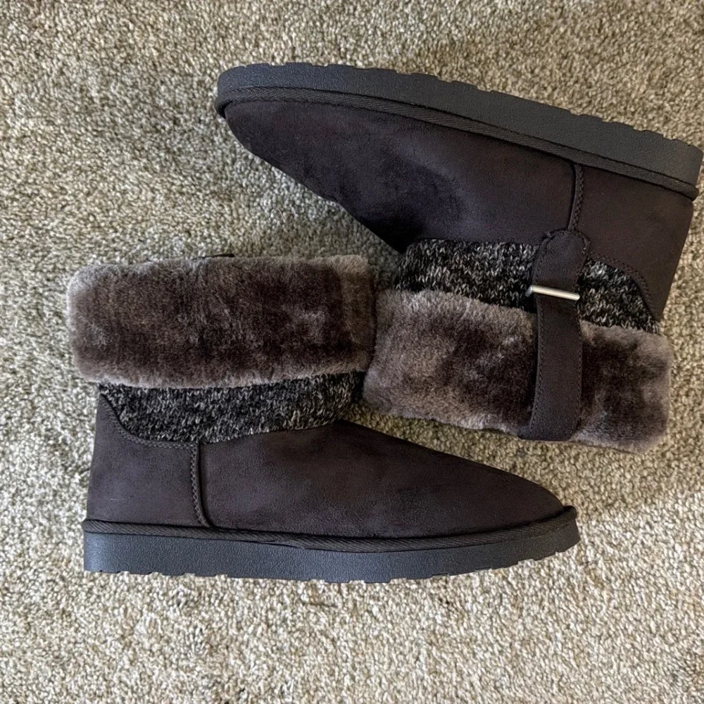 Pop Stoneham Womens Brown Faux Suede Fur Knit Ankle Boots Memory‎ Foam Size 9M